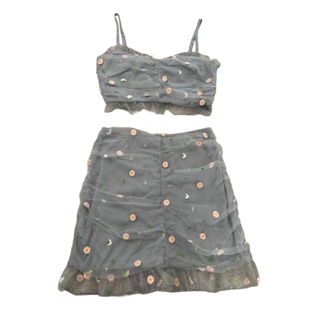 LE LIS Collection Gray Floral Top (Small) and Skirt (Medium) Tulle Set Festival